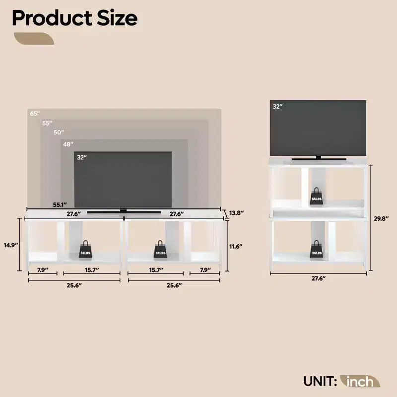 Meuble TV LED de 55 pouces pour téléviseurs jusqu’à 65'', meuble TV extensible côte à côte ou empilable avec rangement