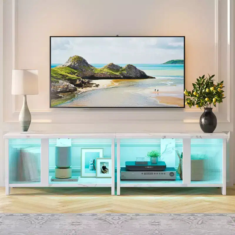 Meuble TV LED de 55 pouces pour téléviseurs jusqu’à 65'', meuble TV extensible côte à côte ou empilable avec rangement