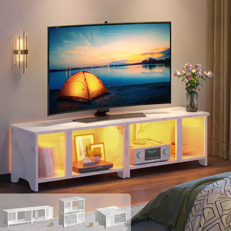 Meuble TV LED de 55 pouces pour téléviseurs jusqu’à 65'', meuble TV extensible côte à côte ou empilable avec rangement
