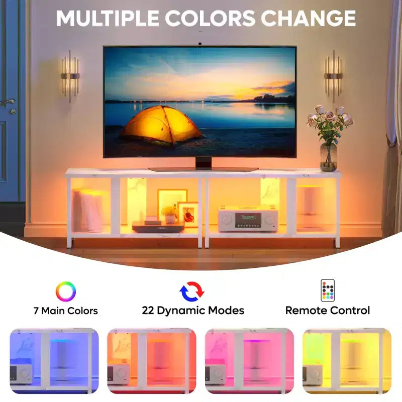 Meuble TV LED de 55 pouces pour téléviseurs jusqu’à 65'', meuble TV extensible côte à côte ou empilable avec rangement