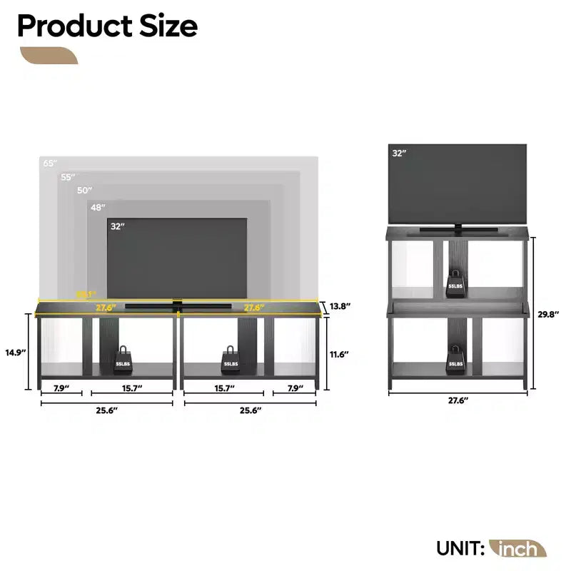 Meuble TV LED de 55 pouces pour téléviseurs jusqu’à 65'', meuble TV extensible côte à côte ou empilable avec rangement