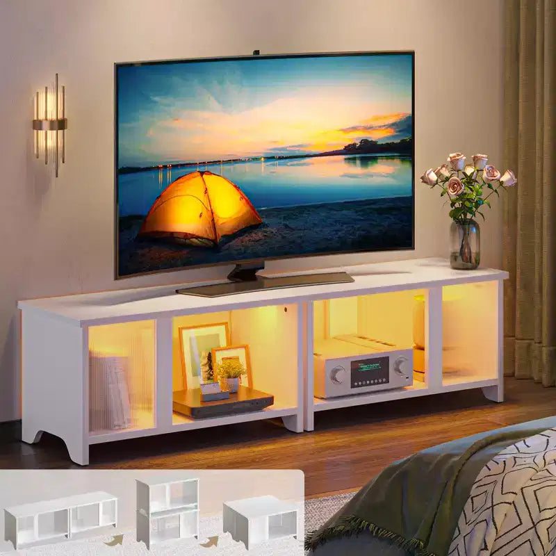 Meuble TV LED de 55 pouces pour téléviseurs jusqu’à 65'', meuble TV extensible côte à côte ou empilable avec rangement