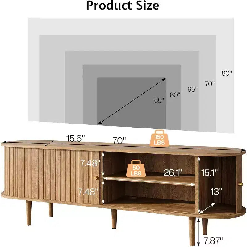 Meuble TV de 70 avec pieds en bois massif, console TV moderne du milieu du siècle avec porte à tambour