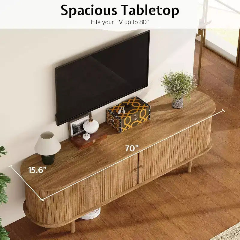 Meuble TV de 70 avec pieds en bois massif, console TV moderne du milieu du siècle avec porte à tambour