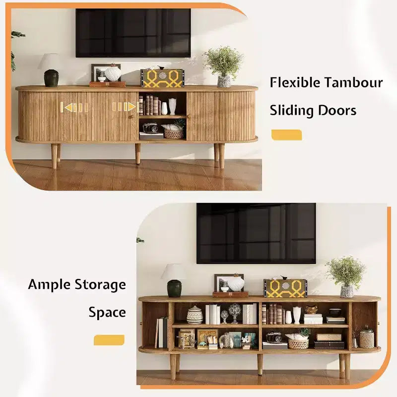 Meuble TV de 70 avec pieds en bois massif, console TV moderne du milieu du siècle avec porte à tambour