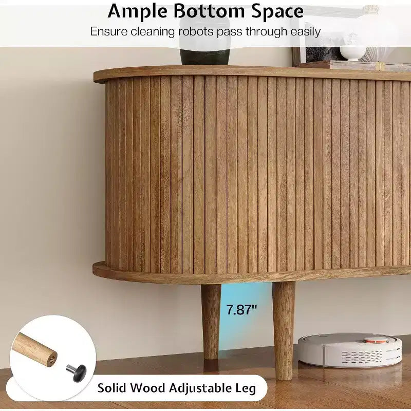 Meuble TV de 70 avec pieds en bois massif, console TV moderne du milieu du siècle avec porte à tambour
