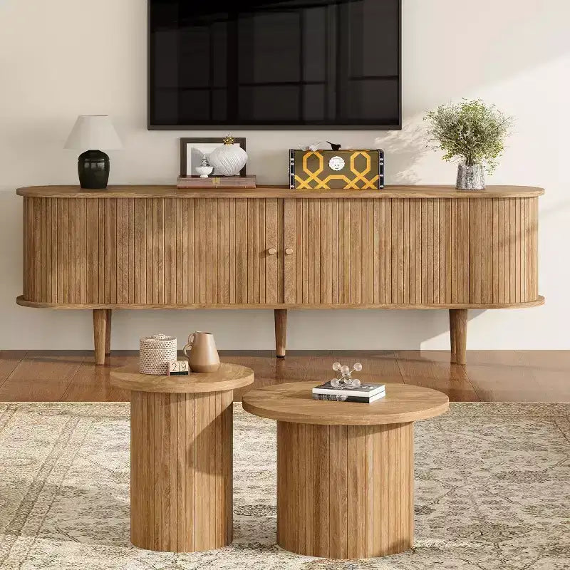 Meuble TV de 70 avec pieds en bois massif, console TV moderne du milieu du siècle avec porte à tambour