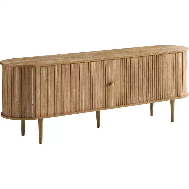 Meuble TV de 70 avec pieds en bois massif, console TV moderne du milieu du siècle avec porte à tambour