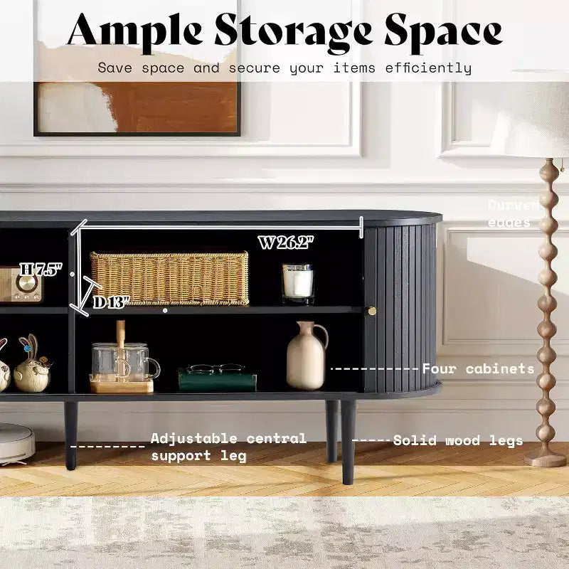 Meuble TV de 70 avec pieds en bois massif, console TV moderne du milieu du siècle avec porte à tambour