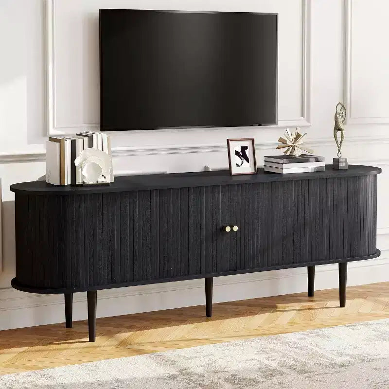 70-Zoll-TV-Ständer mit Beinen aus Massivholz, TV-Konsole im Mid-Century-Modern-Stil mit Lamellentür