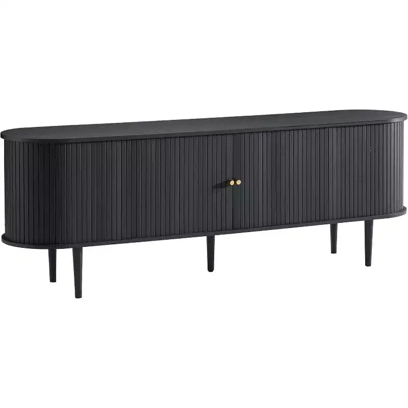 Meuble TV de 70 avec pieds en bois massif, console TV moderne du milieu du siècle avec porte à tambour