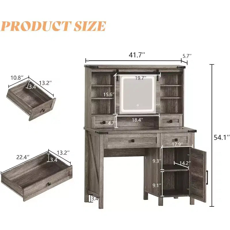 Coiffeuse de style campagnard de 42'' avec miroir coulissant et éclairage, plateau en verre, finition chêne rustique clair