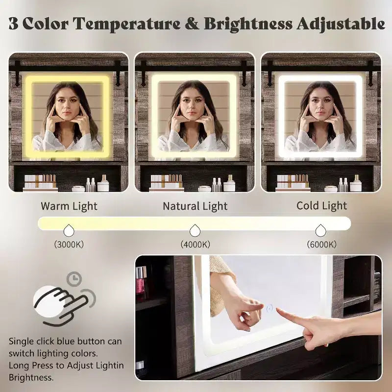 Coiffeuse de style campagnard de 42'' avec miroir coulissant et éclairage, plateau en verre, finition chêne rustique clair