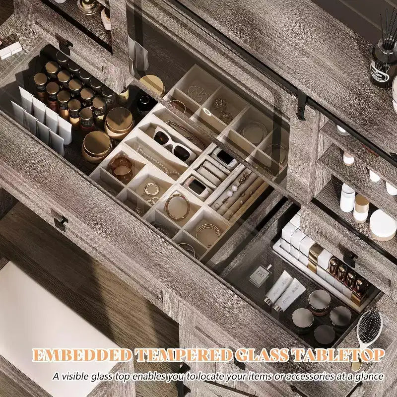 Coiffeuse de style campagnard de 42'' avec miroir coulissant et éclairage, plateau en verre, finition chêne rustique clair