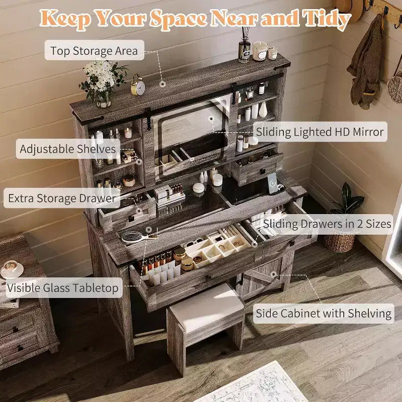Coiffeuse de style campagnard de 42'' avec miroir coulissant et éclairage, plateau en verre, finition chêne rustique clair