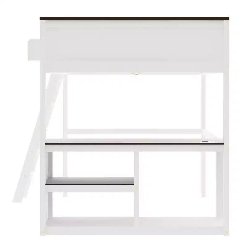Lit mezzanine Queen Size avec bureau, étagère ouverte et coffre de rangement, station de recharge USB - Blanc