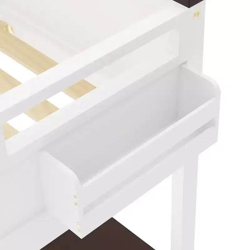 Lit mezzanine Queen Size avec bureau, étagère ouverte et coffre de rangement, station de recharge USB - Blanc