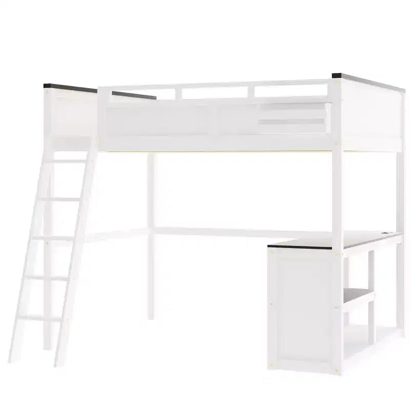 Lit mezzanine Queen Size avec bureau, étagère ouverte et coffre de rangement, station de recharge USB - Blanc