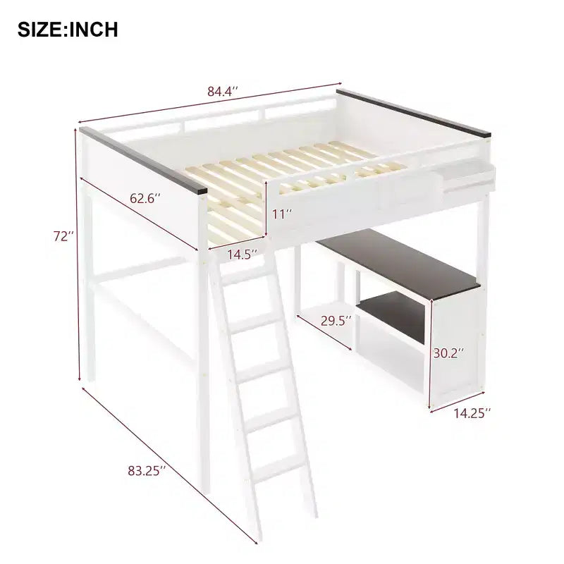 Lit mezzanine Queen Size avec bureau, étagère ouverte et coffre de rangement, station de recharge USB - Blanc