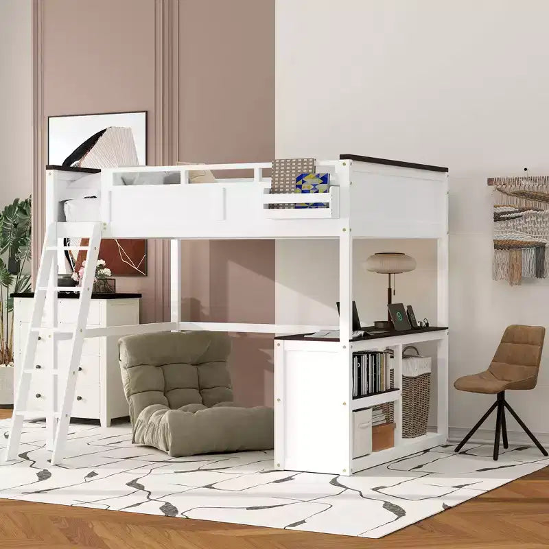 Lit mezzanine Queen Size avec bureau, étagère ouverte et coffre de rangement, station de recharge USB - Blanc