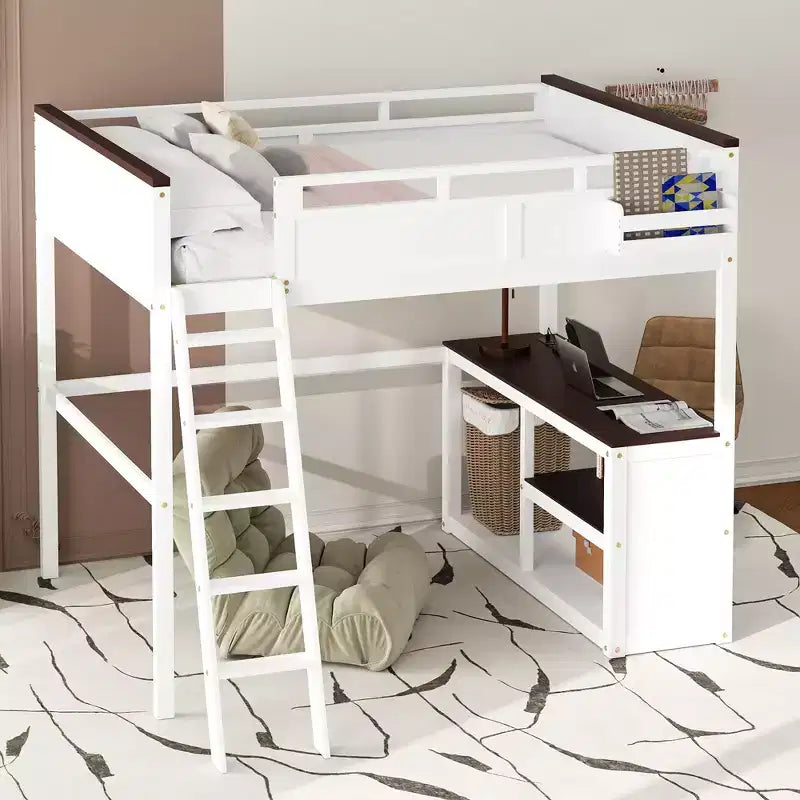 Lit mezzanine Queen Size avec bureau, étagère ouverte et coffre de rangement, station de recharge USB - Blanc