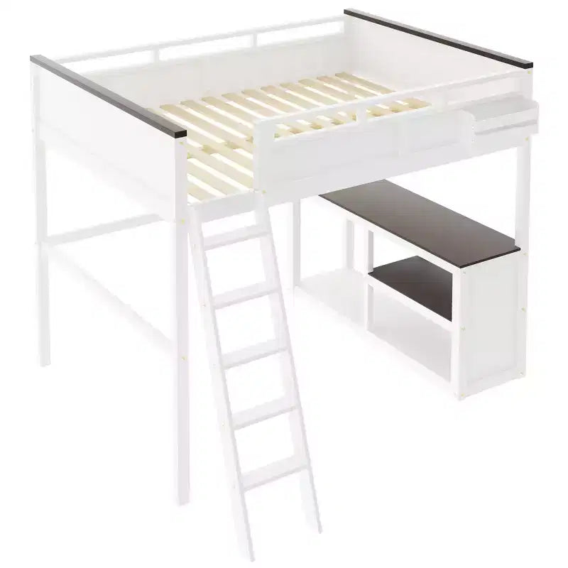 Lit mezzanine Queen Size avec bureau, étagère ouverte et coffre de rangement, station de recharge USB - Blanc