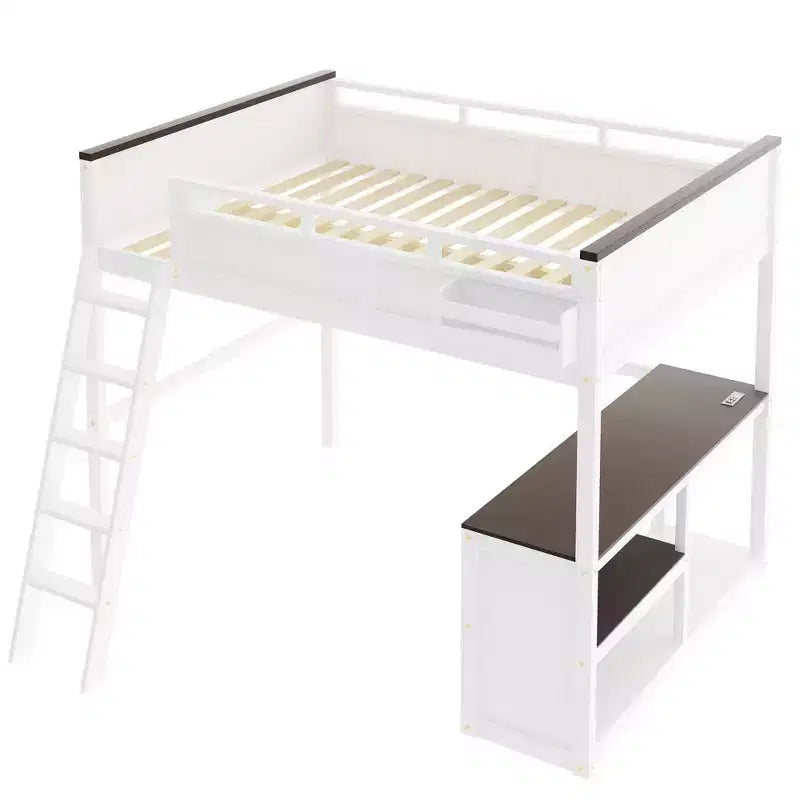 Lit mezzanine Queen Size avec bureau, étagère ouverte et coffre de rangement, station de recharge USB - Blanc