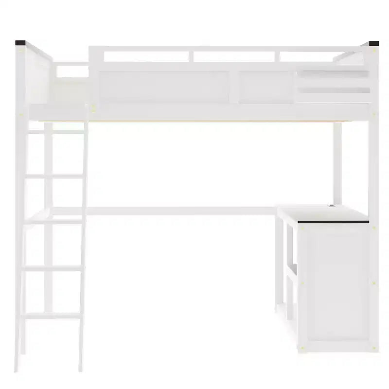 Lit mezzanine Queen Size avec bureau, étagère ouverte et coffre de rangement, station de recharge USB - Blanc