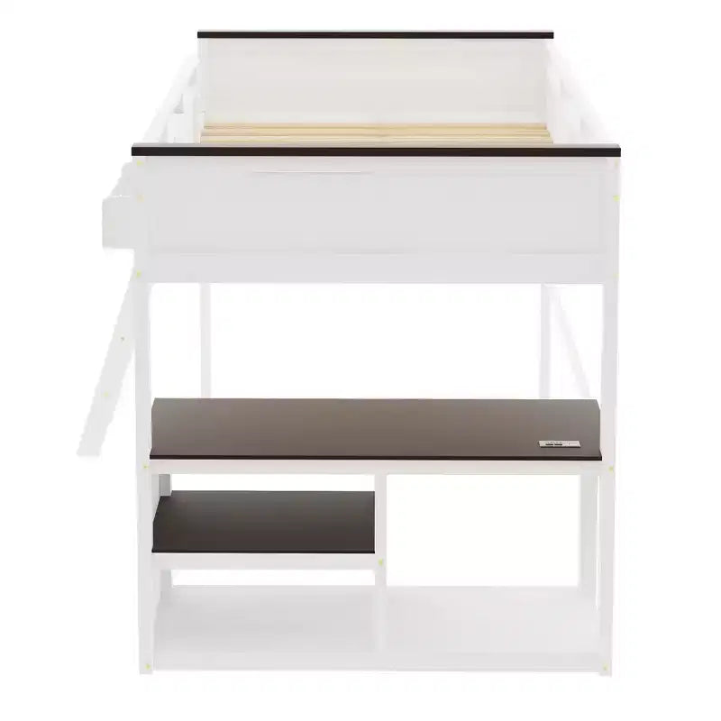 Lit mezzanine Queen Size avec bureau, étagère ouverte et coffre de rangement, station de recharge USB - Blanc