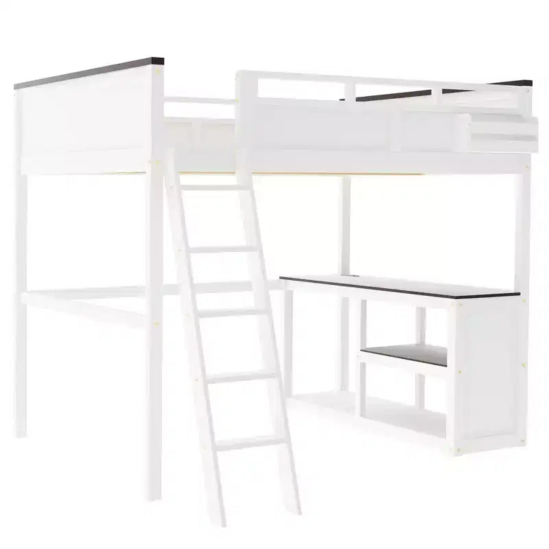 Lit mezzanine Queen Size avec bureau, étagère ouverte et coffre de rangement, station de recharge USB - Blanc