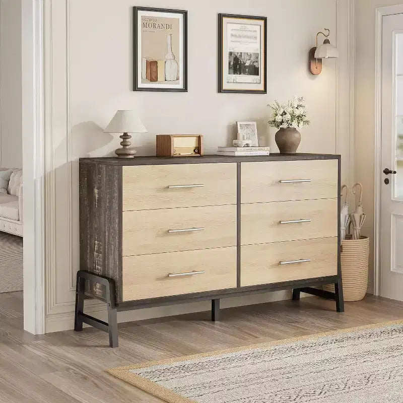 52 breite Kommode, Kommode mit 6 Schubladen fürs Schlafzimmer, hölzerne Kleiderschrank-Kommode, Schrank mit 6 Schubladen, für Wohnzimmer, Schlafzimmer und Eingangsbereich