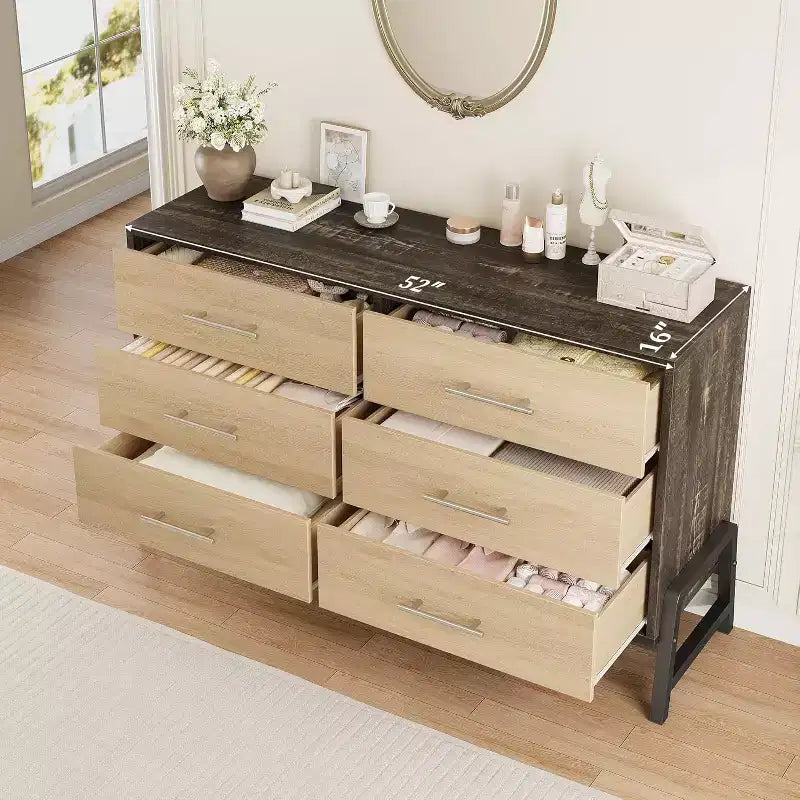 52 breite Kommode, Kommode mit 6 Schubladen fürs Schlafzimmer, hölzerne Kleiderschrank-Kommode, Schrank mit 6 Schubladen, für Wohnzimmer, Schlafzimmer und Eingangsbereich