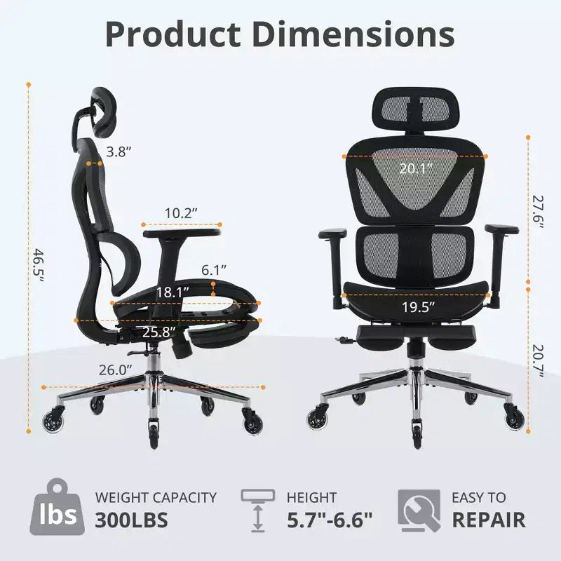 Chaise de bureau ergonomique en maille avec roulettes, soutien lombaire, accoudoirs 3D, repose-pieds escamotable et inclinaison verrouillable, pour le bureau à domicile