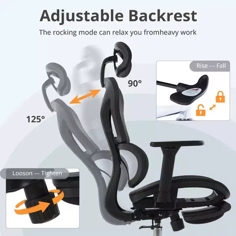 Silla ergonómica de oficina de malla con ruedas, soporte lumbar, reposabrazos 3D, reposapiés oculto e inclinación bloqueable para la oficina en casa