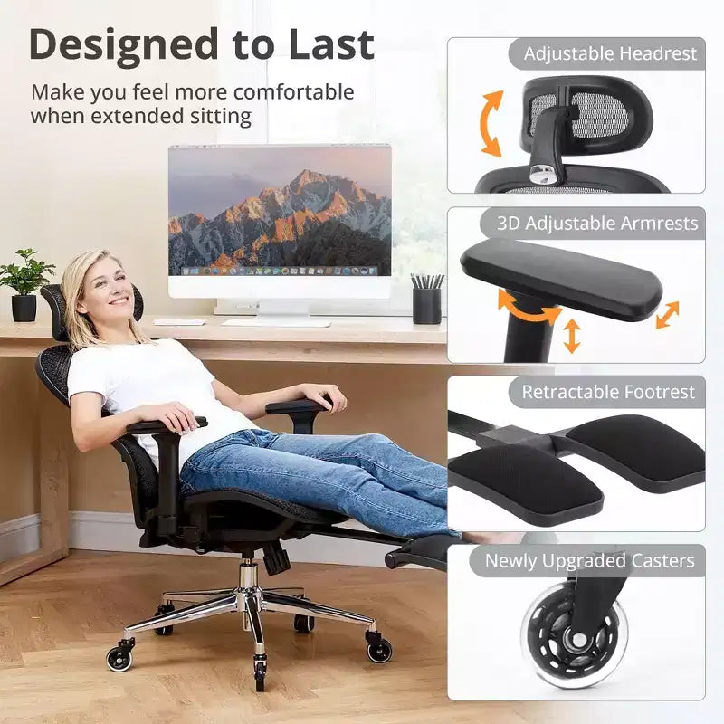 Silla ergonómica de oficina de malla con ruedas, soporte lumbar, reposabrazos 3D, reposapiés oculto e inclinación bloqueable para la oficina en casa