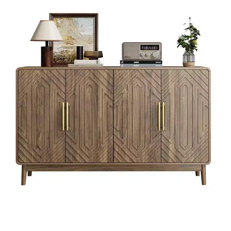 Moderner Sideboard-Schrank mit vier Türen und verstellbaren Einlegeböden, 55 Zoll, geschnitzt, vielseitiger Stauraumschrank für die Küche, Walnussoptik