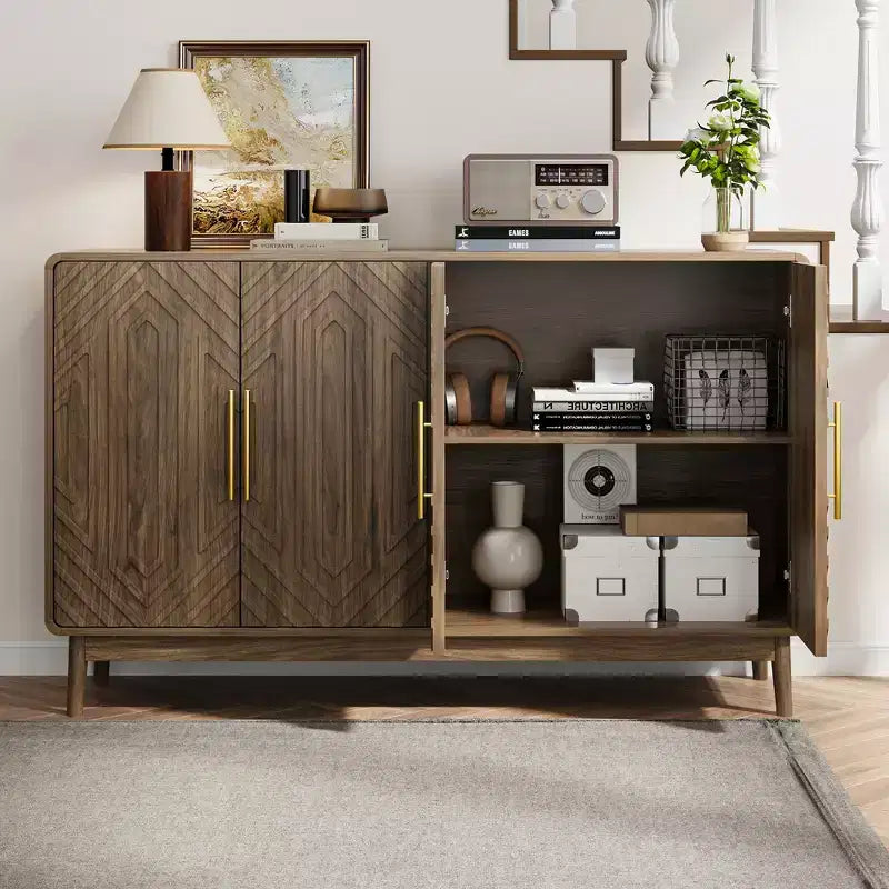 Moderner Sideboard-Schrank mit vier Türen und verstellbaren Einlegeböden, 55 Zoll, geschnitzt, vielseitiger Stauraumschrank für die Küche, Walnussoptik