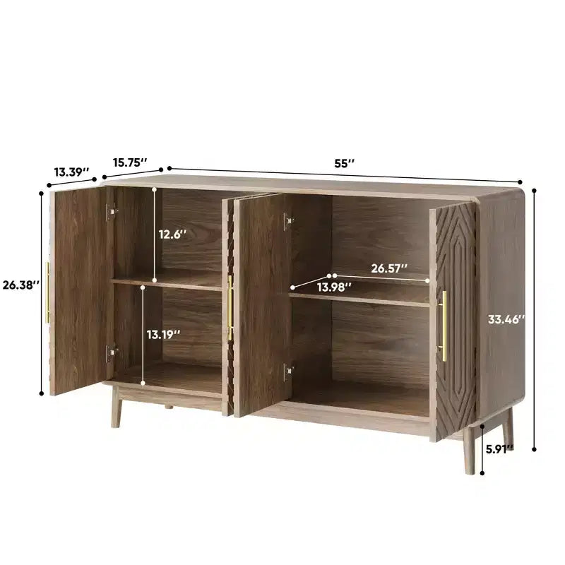 Moderner Sideboard-Schrank mit vier Türen und verstellbaren Einlegeböden, 55 Zoll, geschnitzt, vielseitiger Stauraumschrank für die Küche, Walnussoptik
