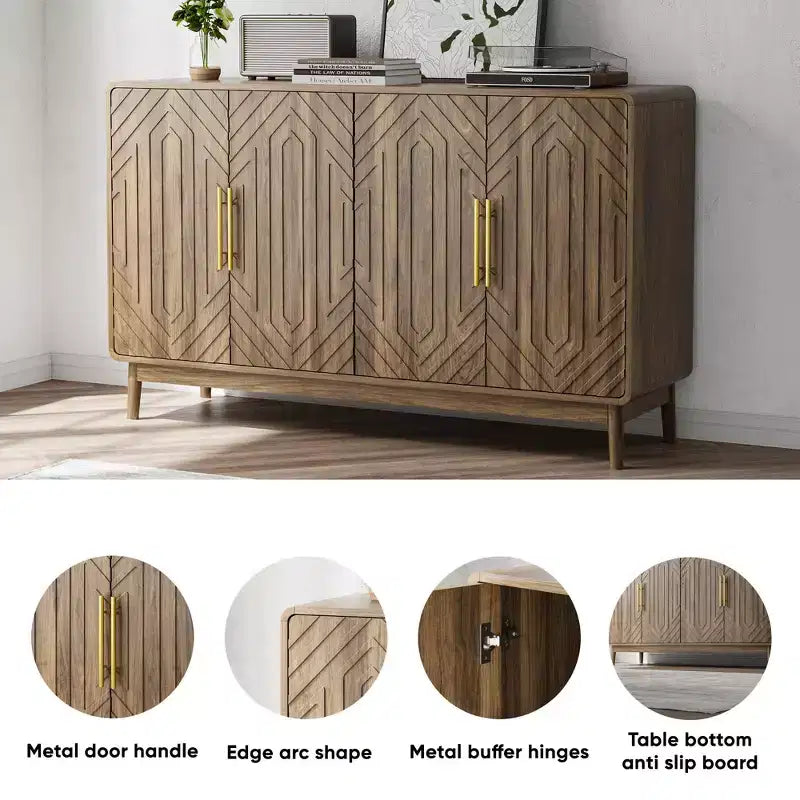 Moderner Sideboard-Schrank mit vier Türen und verstellbaren Einlegeböden, 55 Zoll, geschnitzt, vielseitiger Stauraumschrank für die Küche, Walnussoptik