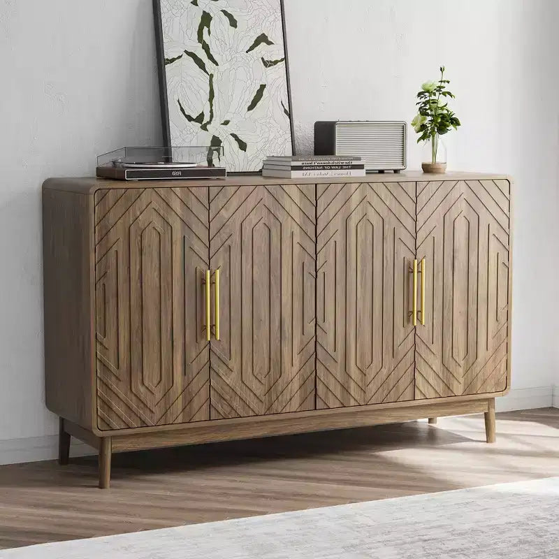 Moderner Sideboard-Schrank mit vier Türen und verstellbaren Einlegeböden, 55 Zoll, geschnitzt, vielseitiger Stauraumschrank für die Küche, Walnussoptik