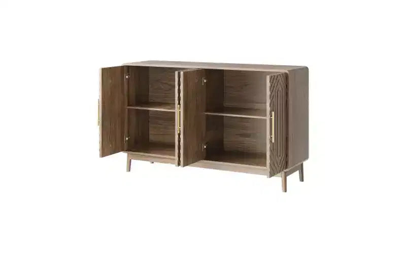 Moderner Sideboard-Schrank mit vier Türen und verstellbaren Einlegeböden, 55 Zoll, geschnitzt, vielseitiger Stauraumschrank für die Küche, Walnussoptik