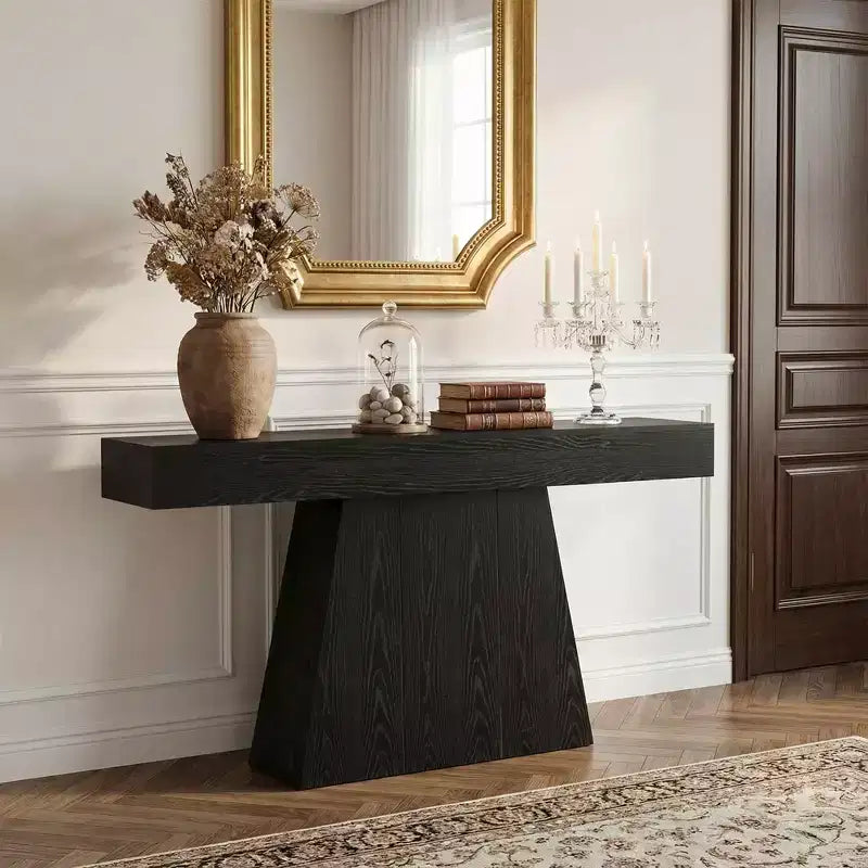 Console de style champêtre de 63 pouces, table d’entrée pour canapé avec piètement trapézoïdal