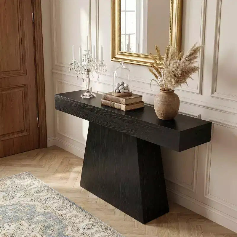Console de style champêtre de 63 pouces, table d’entrée pour canapé avec piètement trapézoïdal