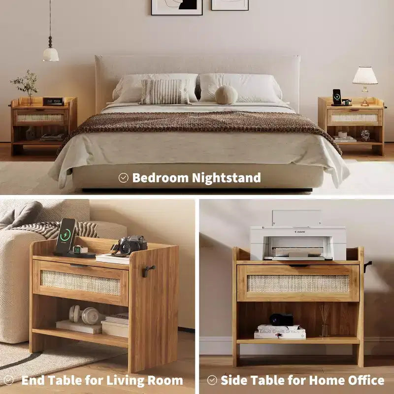Rattan-Nachttisch, 1er-Set, Beistelltisch, moderner Nachttisch mit 2 Schubladen, geeignet für Schlafzimmer, Büro oder Wohnzimmer