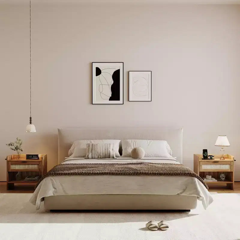 Juego de 1 mesita de noche de ratán, mesa de noche moderna con 2 cajones de almacenamiento, ideal para dormitorio, oficina o sala de estar