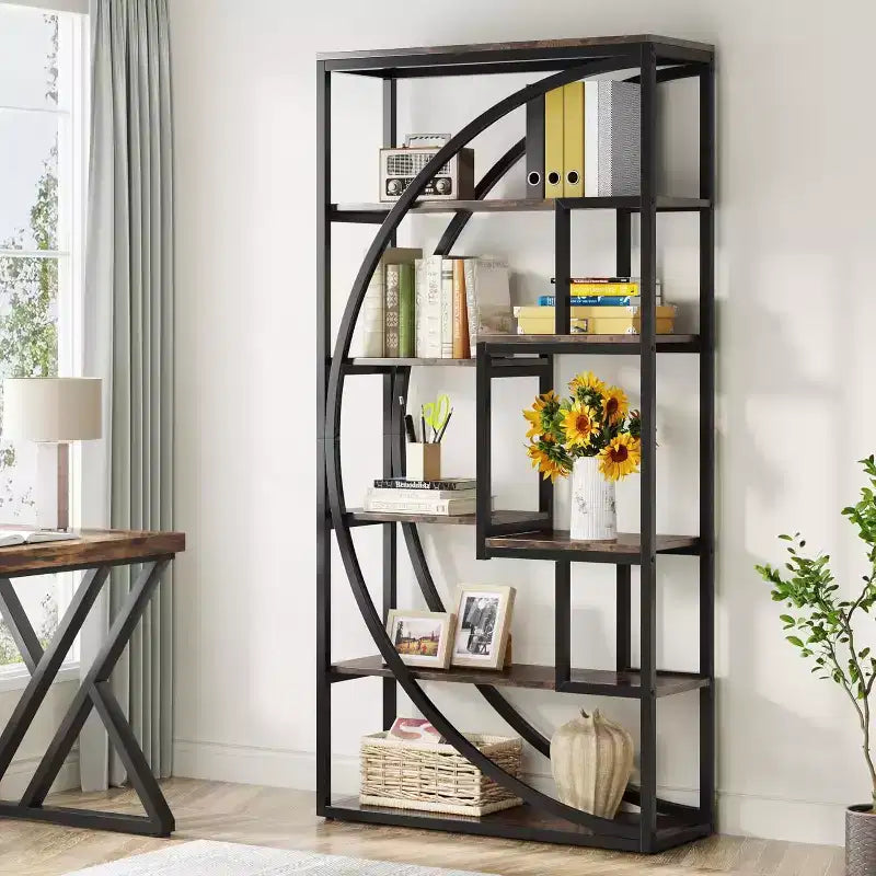 Bibliothèque de 70.8 pouces, étagère industrielle à 5 niveaux avec 8 espaces de rangement ouverts pour le bureau à domicile et le salon, brun rustique