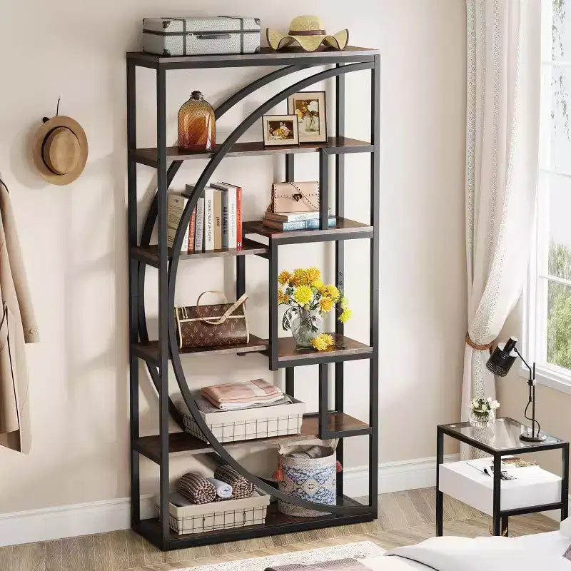 Bibliothèque de 70.8 pouces, étagère industrielle à 5 niveaux avec 8 espaces de rangement ouverts pour le bureau à domicile et le salon, brun rustique