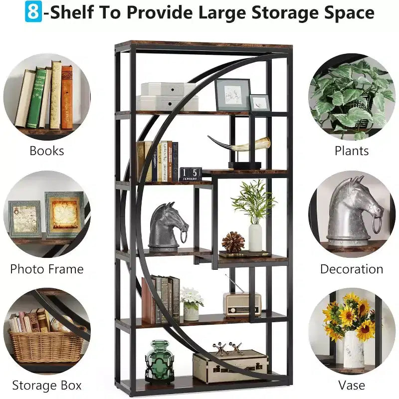 Bibliothèque de 70.8 pouces, étagère industrielle à 5 niveaux avec 8 espaces de rangement ouverts pour le bureau à domicile et le salon, brun rustique