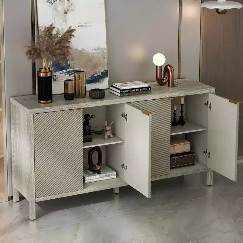 59 Aufbewahrungsschrank mit Stauraum, moderner Holz-Buffetschrank mit 4 Türen und verstellbaren Einlegeböden für Wohnzimmer und Eingangsbereich, Beige