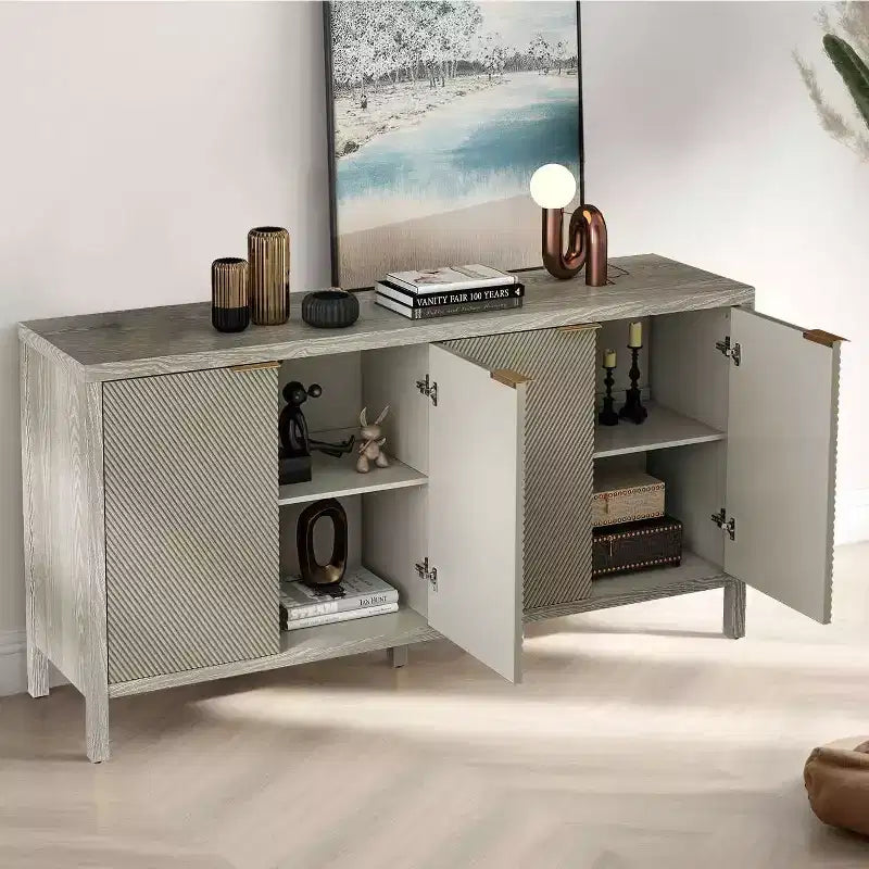 59 Aufbewahrungsschrank mit Stauraum, moderner Holz-Buffetschrank mit 4 Türen und verstellbaren Einlegeböden für Wohnzimmer und Eingangsbereich, Beige